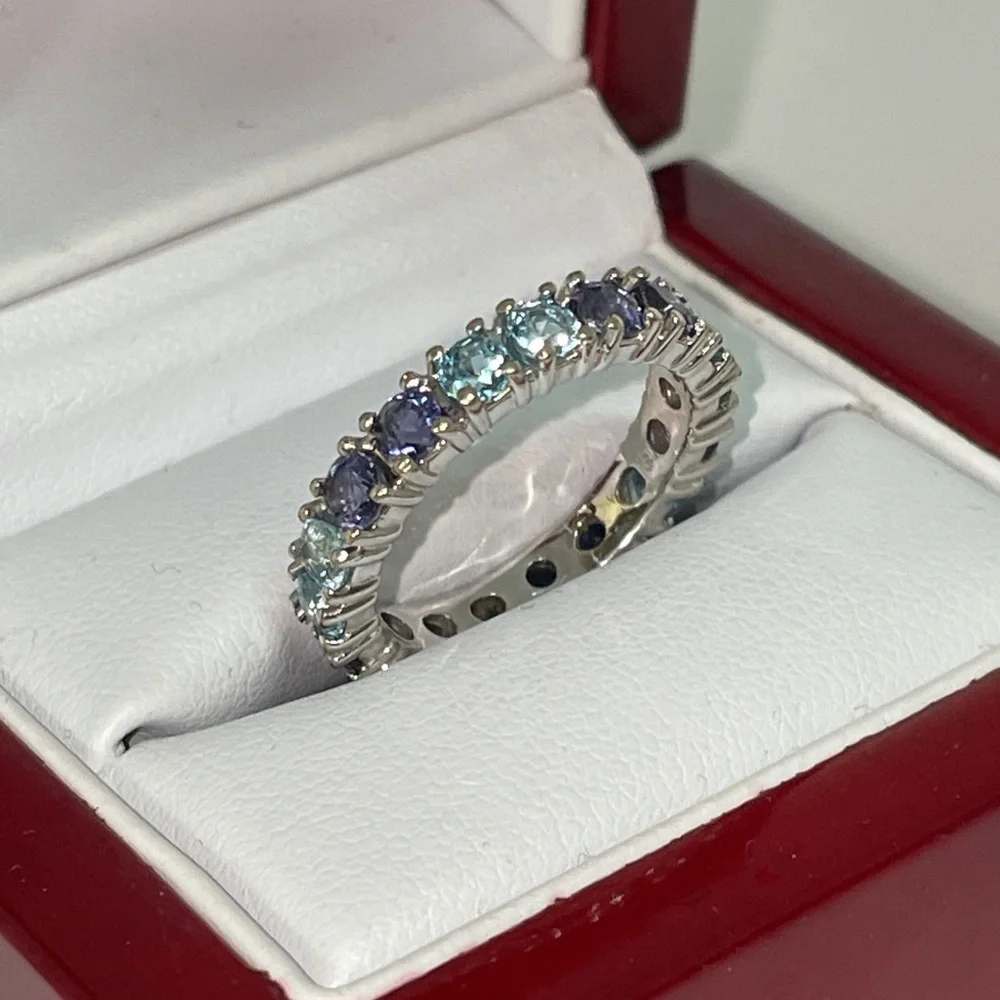 Solid 18K White Gold Eternity Band Ring (not 14K) Purple Blue Natural Gemstones
